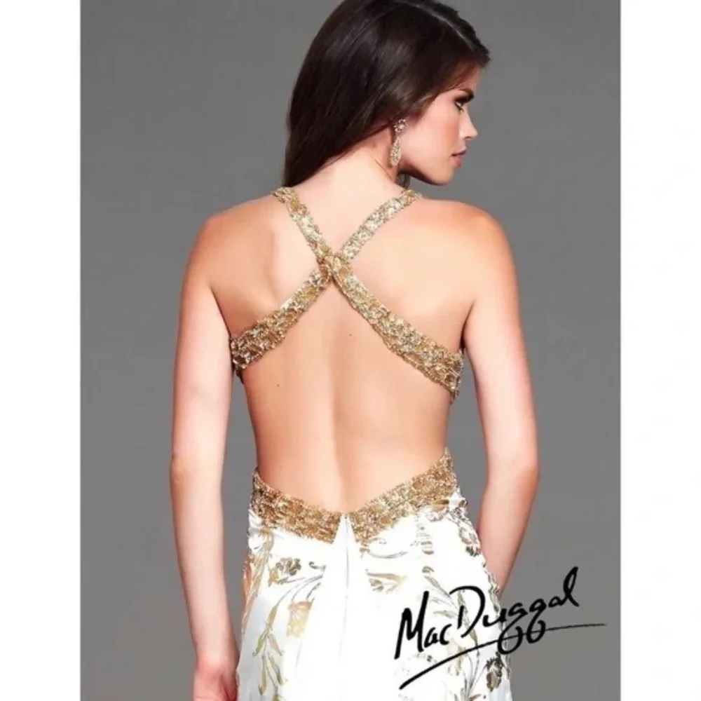 Mac Duggal Couture prom/pageant gown W/a Gold Foil Floral Print & Beaded Bodice